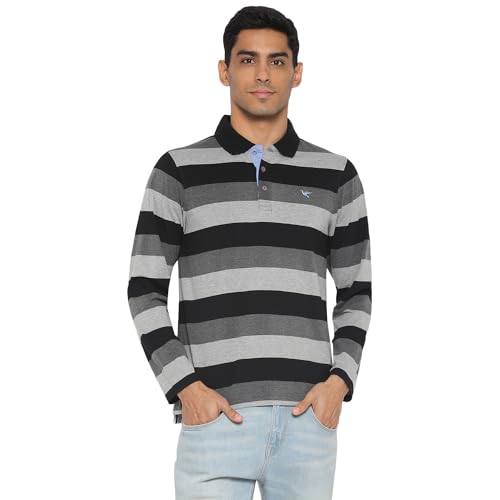 Deniklo Men's Polo Collar Full Sleeves Striped T-Shirt with Embroidery DK 240