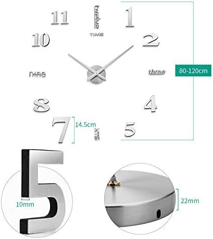 Large DIY Wall Clock, Modern 3D Wall Clock, With Mirror Sticker, Used For Home Office Decoration Gifts (Silver)