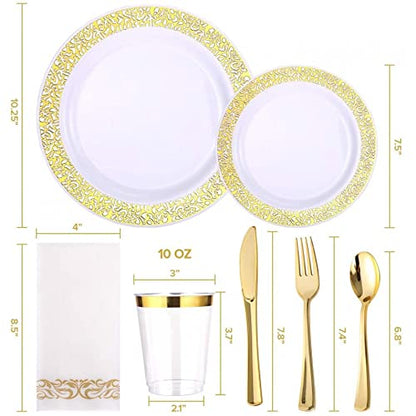 ALISSA 175 Piece Gold Dinnerware Set 25 Guest-50 Gold Lace Plastic Plates-25 Gold Plastic Silverware-25 Gold Plastic Cups-25 Linen Like Gold Paper Napkins