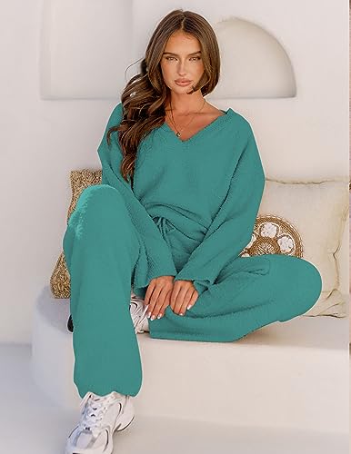 MEROKEETY Women's 2 Piece Outfits Fuzzy Fleece Pajama Set Long Sleeve Top Wide Leg Pants Loungewear