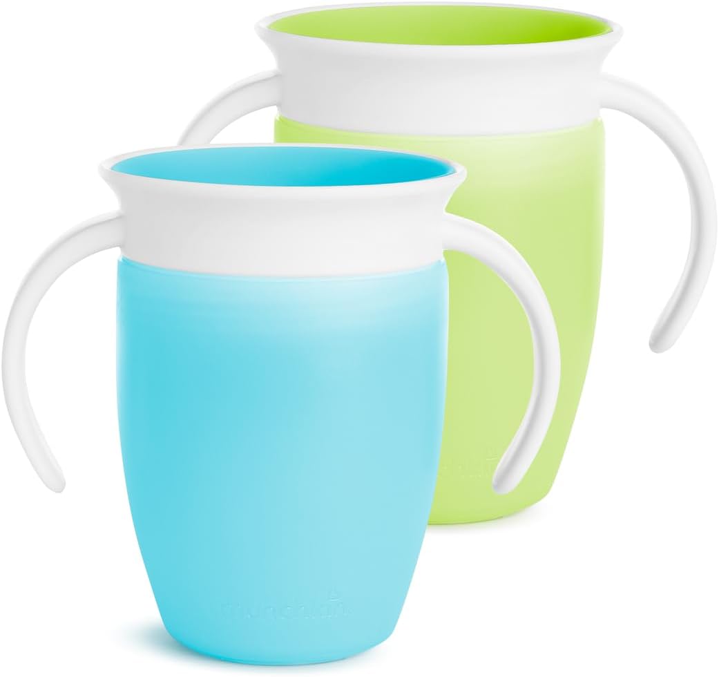 Munchkin Miracle 360 Sippy Cup, Trainer Toddler Cup, BPA Free Baby & Toddler Cups w.Handles, Non Spill Cup, Dishwasher Safe Baby Cup, Leakproof Childrens Cup, 6+ Months - 7oz/207ml, 2 Pack, Blue/Green