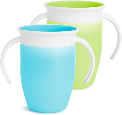 Munchkin Miracle 360 Sippy Cup, Trainer Toddler Cup, BPA Free Baby & Toddler Cups w.Handles, Non Spill Cup, Dishwasher Safe Baby Cup, Leakproof Childrens Cup, 6+ Months - 7oz/207ml, 2 Pack, Blue/Green