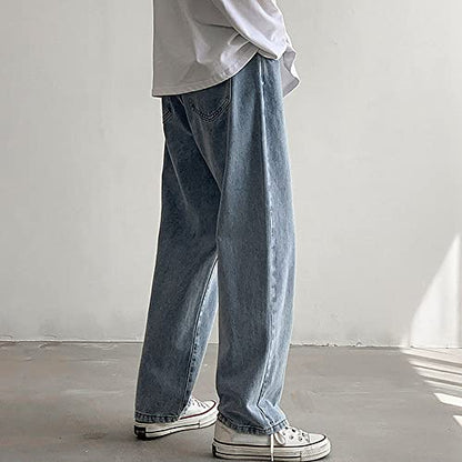 Rexcyril Men's Loose Fit Straight Leg Denim Jeans Baggy Wide Leg Plain Pants Trousers