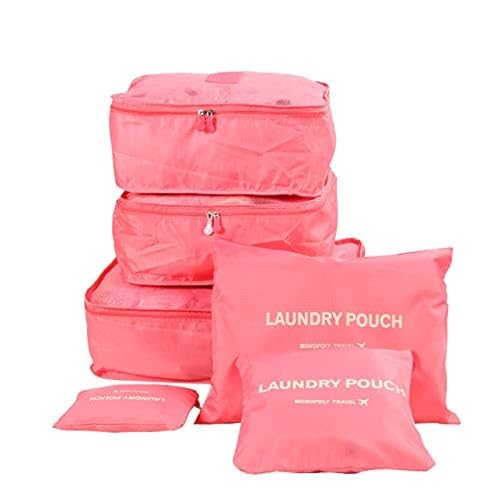 Six-Piece Pouch Travel Luggage Organiser Set, Pink, Pink