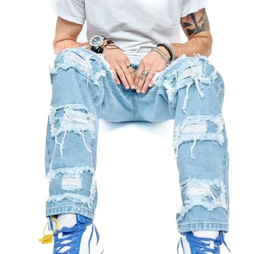 WEIBUMAOYI Men's Loose Fit Pants Relaxed-Fit Men Jeans Washed Oversize Straight Leg Carpenter Jean