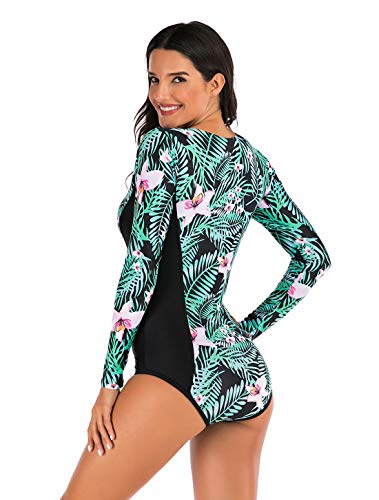 Maeau Women's Long Sleeve Rash Guard UV Protection Zipper Printed Surfing One Piece Swimsuit Bathing Suit