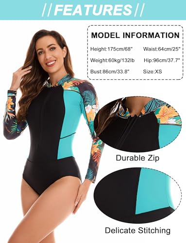 Maeau Women's Long Sleeve Rash Guard UV Protection Zipper Printed Surfing One Piece Swimsuit Bathing Suit