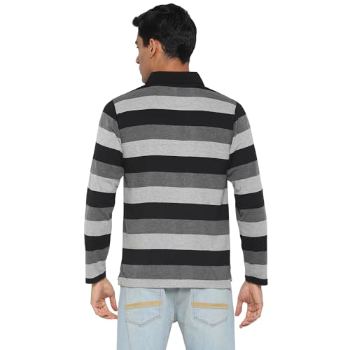 Deniklo Men's Polo Collar Full Sleeves Striped T-Shirt with Embroidery DK 240