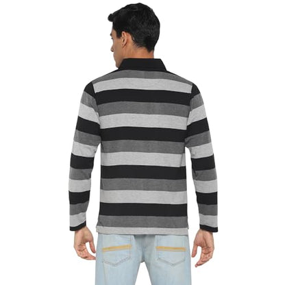 Deniklo Men's Polo Collar Full Sleeves Striped T-Shirt with Embroidery DK 240