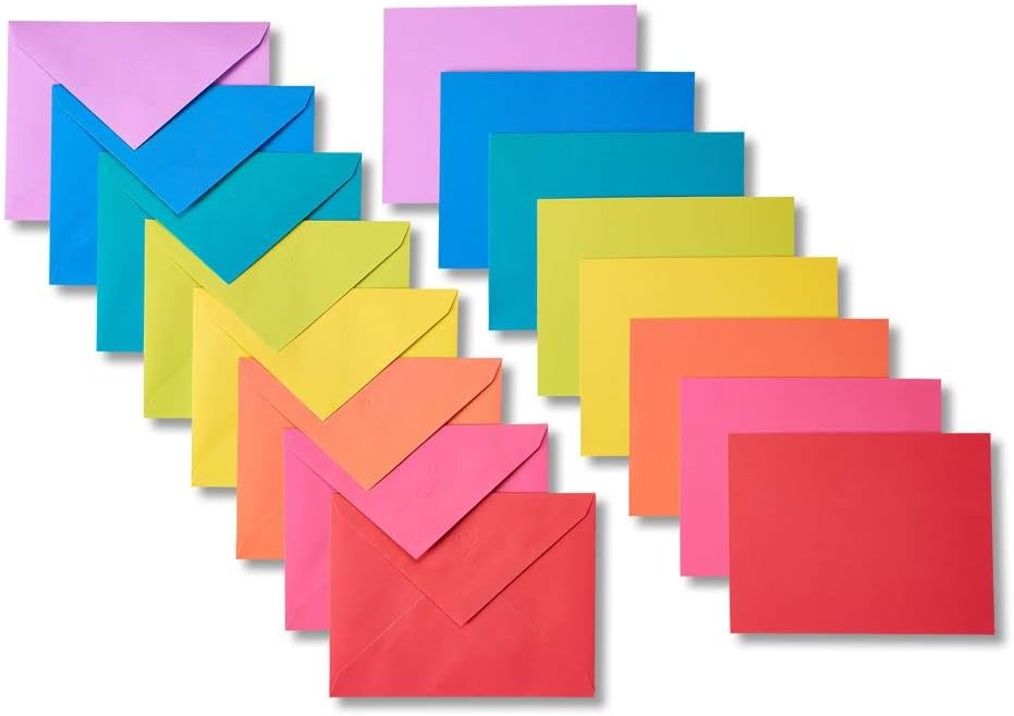 PREMIFY Rainbow Color Card Envelopes,Thick Paper Blank Greeting Cards with Envelopes, Single Panel 10cm x 15cm Blank Cards in Neon Color