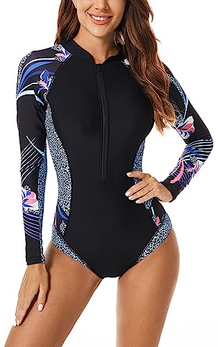 Maeau Women's Long Sleeve Rash Guard UV Protection Zipper Printed Surfing One Piece Swimsuit Bathing Suit