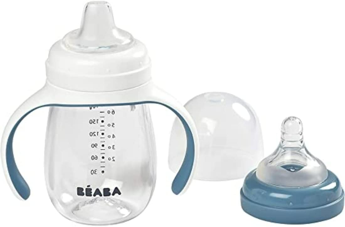 BÉABA - 2 in 1 Sippy Cup - Toddler cup - Children’s Beaker with straw - 100% Waterproof - Easy to Open - Removable Handles - Tritan and Silicone - 300 ml - Blue