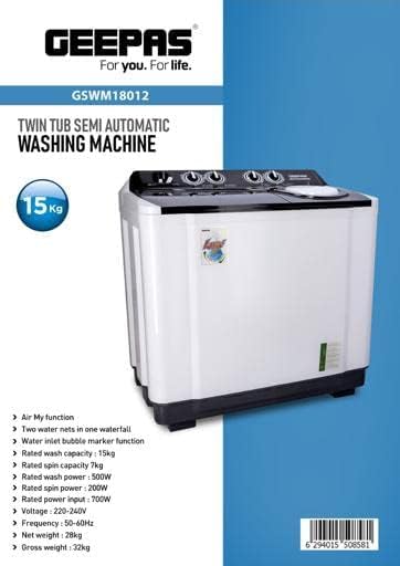 Geepas 15 KG Twin Tub Semi-Automatic Washing Machine- GSWM18012| Fully Knob Control and Semi-Automatic Top Load Washing Machine|