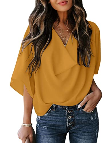 Womens Summer Short Sleeve Blouses Tops V Neckline Casual Chiffon Shirts and Tops Loose Fit Tunic T-Shirt Office Work Shirts for Women Ladies