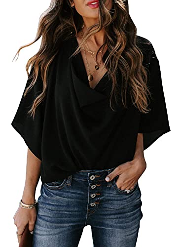 Womens Summer Short Sleeve Blouses Tops V Neckline Casual Chiffon Shirts and Tops Loose Fit Tunic T-Shirt Office Work Shirts for Women Ladies