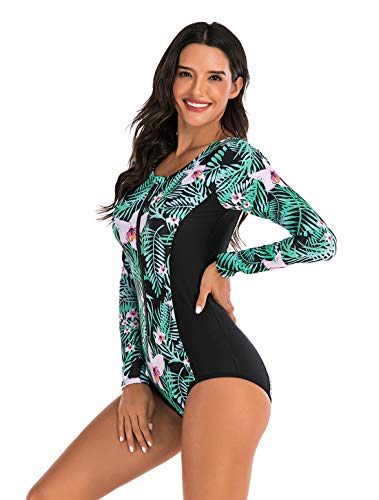 Maeau Women's Long Sleeve Rash Guard UV Protection Zipper Printed Surfing One Piece Swimsuit Bathing Suit