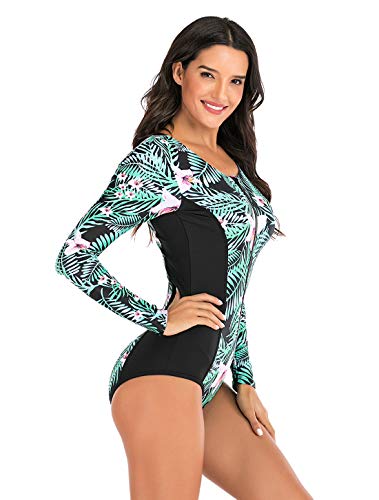 Maeau Women's Long Sleeve Rash Guard UV Protection Zipper Printed Surfing One Piece Swimsuit Bathing Suit