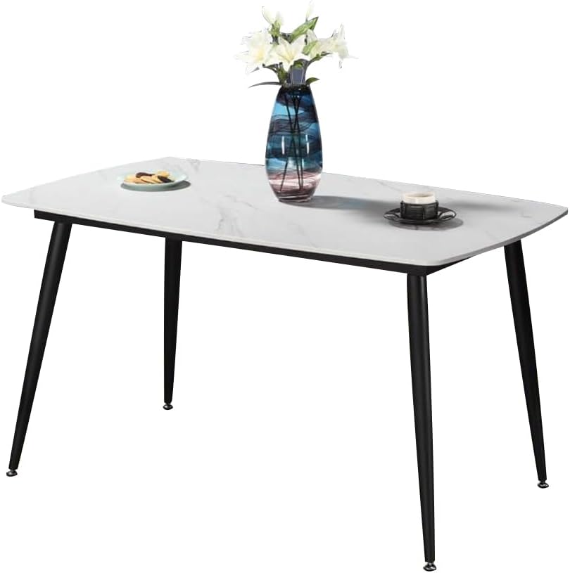 SKY-TOUCH Modern Rectangular Dining Table, 140x80cm, Rock Slab Tabletop with Black Iron Legs, Grey, Ideal for Kitchen, Dining Room, and Restaurant (Chairs Not Included)