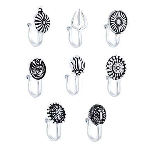 Yellow Chimes Antique Silver Oxidized 7 pcs combo set Ethnic Indian Traditional non-piercing Nose pin Jewelry Variation