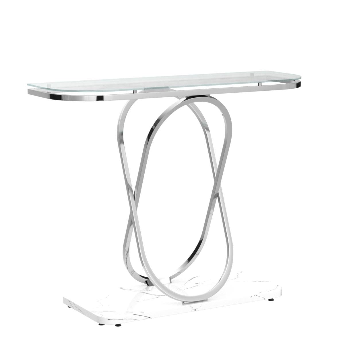 O&K FURNITURE Modern Console Table for Entryway, Glass Entrance Table with Silver Oval Frames and Marble Base, Chrome Glass Sofa Table for Living Room, Entryway, Hallway, Silver, Glass & White Marble