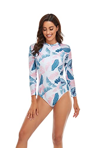 Women One Piece Swimsuit Printed Zipper Slim Long Sleeve Swimwear Bathing Suit