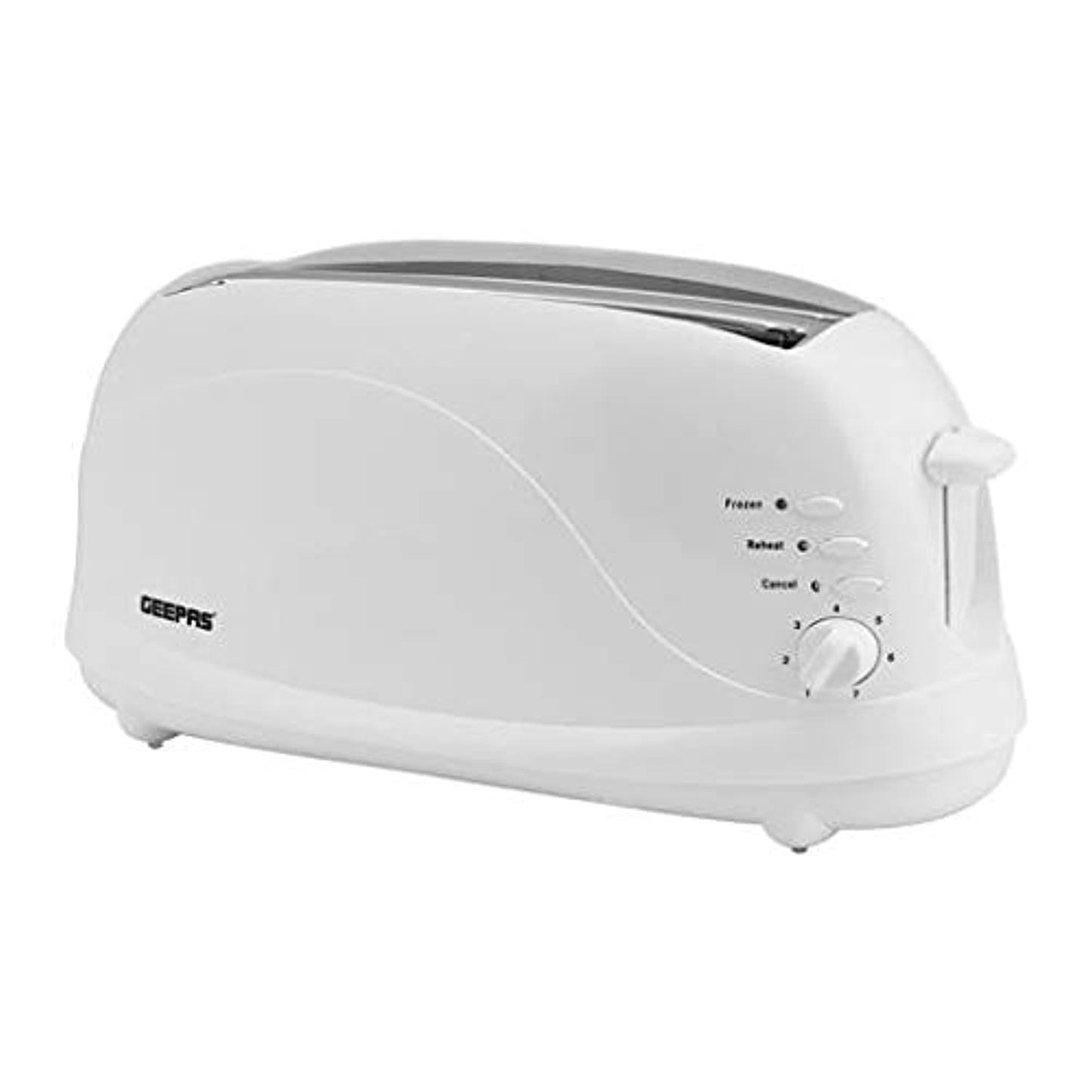 Geepas 1100W 4 Slices Bread Toaster - Crumb Tray, Cord Storage, 7 Settings with Cancel, Defrost & Reheat Function |Removable crumb tray |2 years' warranty