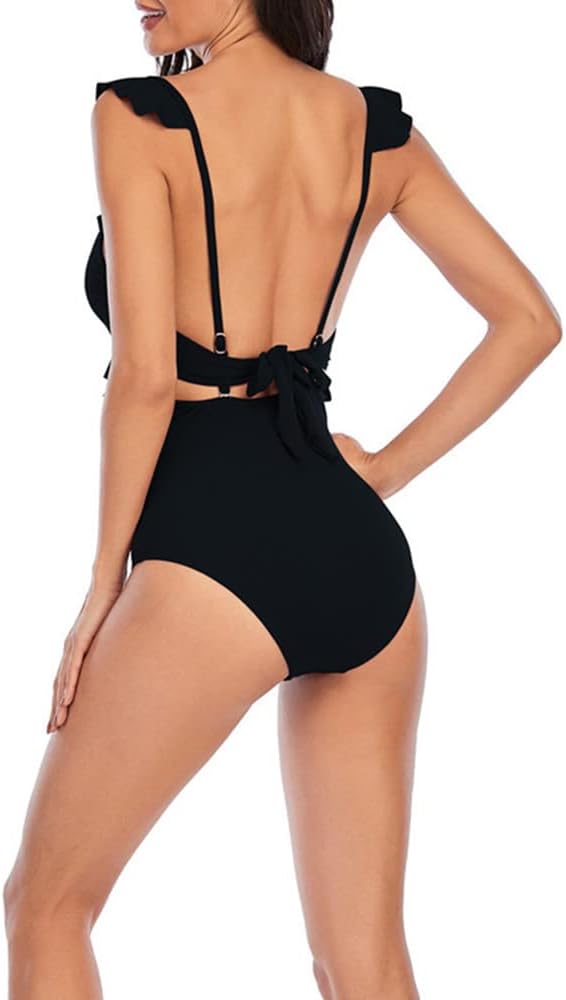 Women's One Piece Swimsuit Slimming V Neck Bathing Suit Sexy Cutout Ruffled Lace Up Swimwear Monokini High Waisted Tummy Control Swimming Suits