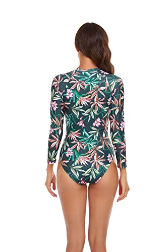 Women One Piece Swimsuit Printed Zipper Slim Long Sleeve Swimwear Bathing Suit