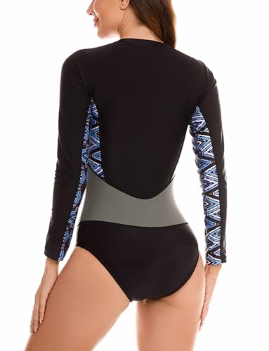 Maeau Women's Long Sleeve Rash Guard UV Protection Zipper Printed Surfing One Piece Swimsuit Bathing Suit