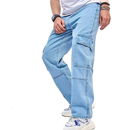 WEIBUMAOYI Men's Loose Fit Pants Relaxed-Fit Men Jeans Washed Oversize Straight Leg Carpenter Jean