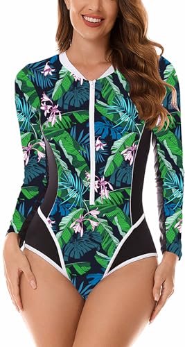 Maeau Women's Long Sleeve Rash Guard UV Protection Zipper Printed Surfing One Piece Swimsuit Bathing Suit