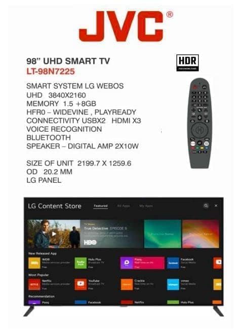 JVC 98 Inch 4K UHD Smart TV Webos, Netflix, YouTube, Shahid, Chromecast Built in Bluetooth & WiFi Colour Black Model - LT98N7125-1 Years Full Warranty.