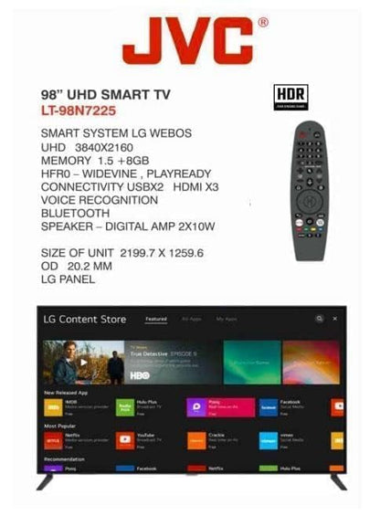 JVC 98 Inch 4K UHD Smart TV Webos, Netflix, YouTube, Shahid, Chromecast Built in Bluetooth & WiFi Colour Black Model - LT98N7125-1 Years Full Warranty.