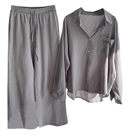 Beralst Women's 2 Piece Pants Set, Linen Button Down Shirt + Wide Leg Pants