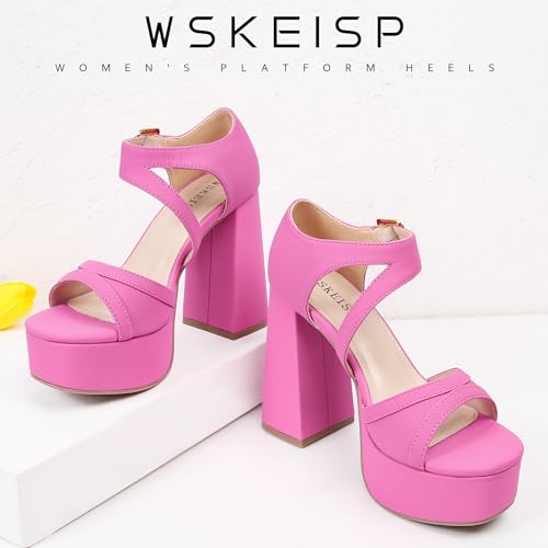 WSKEISP Platform Chunky Heels for Women Trendy Square Toe Heeled Sandals Black White Pink Silver Gold High Heels Ankle Strap Party Wedding Dress Pumps