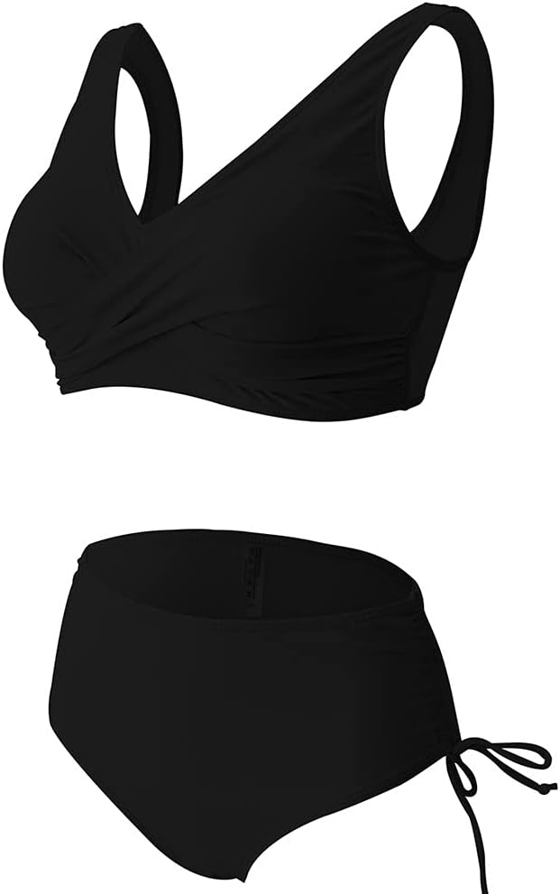 DRN Women Wrap Bikini Set Push Up High Waisted 2 Piece Swimsuits Sports Swimming suits for Women High Cut Bathing Suits Solid Color Swimwear (Black, S)