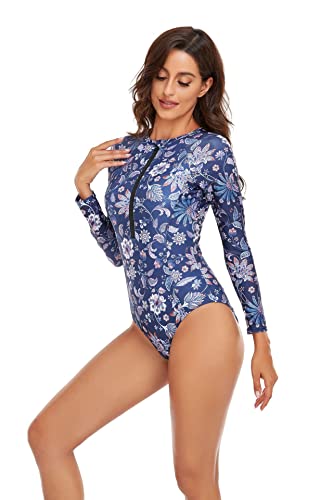 Women One Piece Swimsuit Printed Zipper Slim Long Sleeve Swimwear Bathing Suit