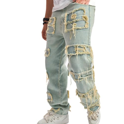 WEIBUMAOYI Men's Loose Fit Pants Relaxed-Fit Men Jeans Washed Oversize Straight Leg Carpenter Jean