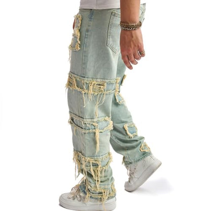 WEIBUMAOYI Men's Loose Fit Pants Relaxed-Fit Men Jeans Washed Oversize Straight Leg Carpenter Jean