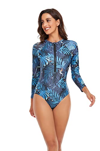 Women One Piece Swimsuit Printed Zipper Slim Long Sleeve Swimwear Bathing Suit