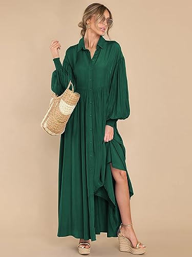 Women's Maxi Shirt Dress Button Down Long Sleeve Casual Flowy A-line Long Dress