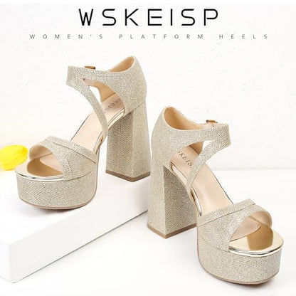 WSKEISP Platform Chunky Heels for Women Trendy Square Toe Heeled Sandals Black White Pink Silver Gold High Heels Ankle Strap Party Wedding Dress Pumps