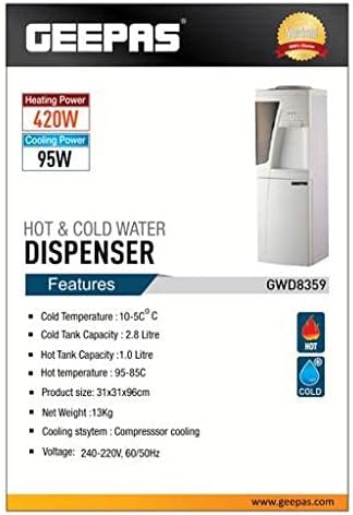 Geepas Water Dispenser Hot & Cold Stainless Steel Tank, Compressor Cooling System, Child Lock 2 Tap In 1, White, 1L And 2.8L Capacity, GWD8359