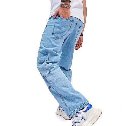 WEIBUMAOYI Men's Loose Fit Pants Relaxed-Fit Men Jeans Washed Oversize Straight Leg Carpenter Jean