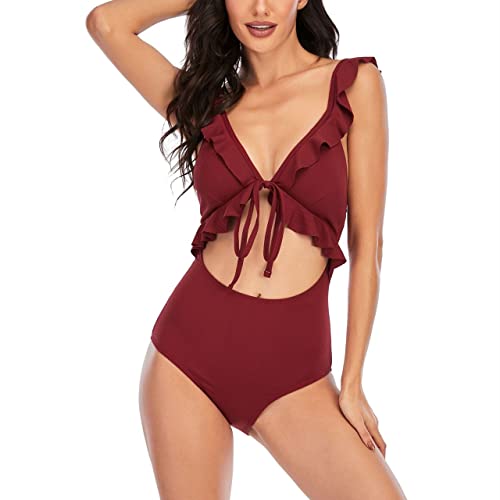 Women's One Piece Swimsuit Slimming V Neck Bathing Suit Sexy Cutout Ruffled Lace Up Swimwear Monokini High Waisted Tummy Control Swimming Suits