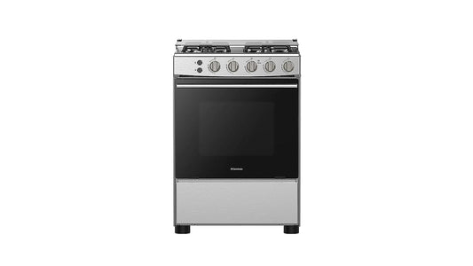 Hisense Freestanding 60cm Gas cooker with 4 Burners with FFD Autoignition,Cast Iron Pan Support,Wok Burner,Glass Lid,Oven cap,Gas Grill