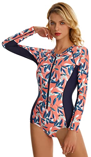 Maeau Women's Long Sleeve Rash Guard UV Protection Zipper Printed Surfing One Piece Swimsuit Bathing Suit