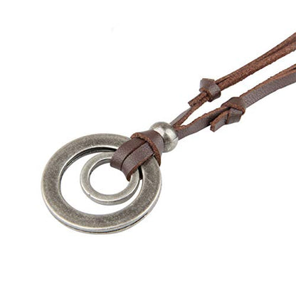 JczR.Y Leather Necklace for Men Double Circle Rings Leather Rope Pendant Necklace Punk Leather Chain Disc Ring Necklace Vintage Jewelry Gift