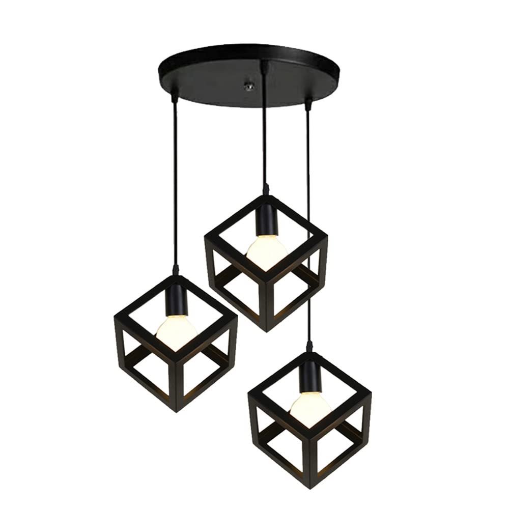 HUA QIANG WANG Industrial Pendant Light, 3-Light Vintage Black Ceiling Lamp, Adjustable Height Hanging Chandelier Lighting Fixture for Kitchen Island Living Room Dining Room Bedroom