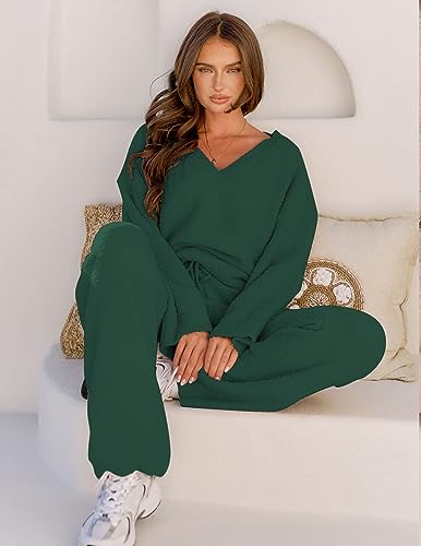 MEROKEETY Women's 2 Piece Outfits Fuzzy Fleece Pajama Set Long Sleeve Top Wide Leg Pants Loungewear